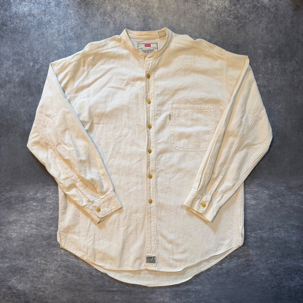 Vtg 90s Levi's Grandad Collar Shirt Mens L Off White Cotton Band Collar Button